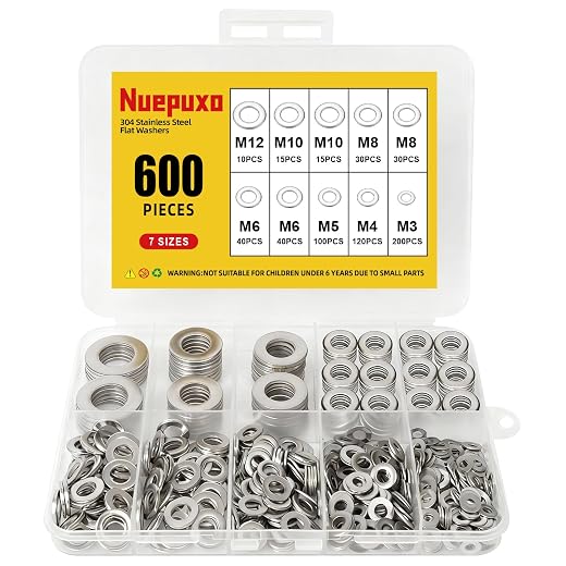 600PCS Flat Washers Assortment Kit, 304 Stainless Steel Metal Washers, 7 Sizes (M3 M4 M5 M6 M8 M10 M12) Washers for Screws and Bolts, Automotive Industrial Home Use