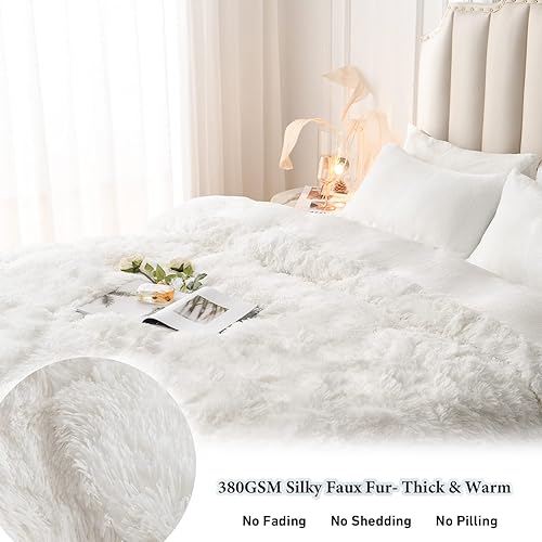 Miniatura 9 de CHOSHOME Juego de funda de edredón de felpa lanuda tamaño Queen, 3 piezas de edredón esponjoso de franela (1 funda de edredón de piel sintética + 2