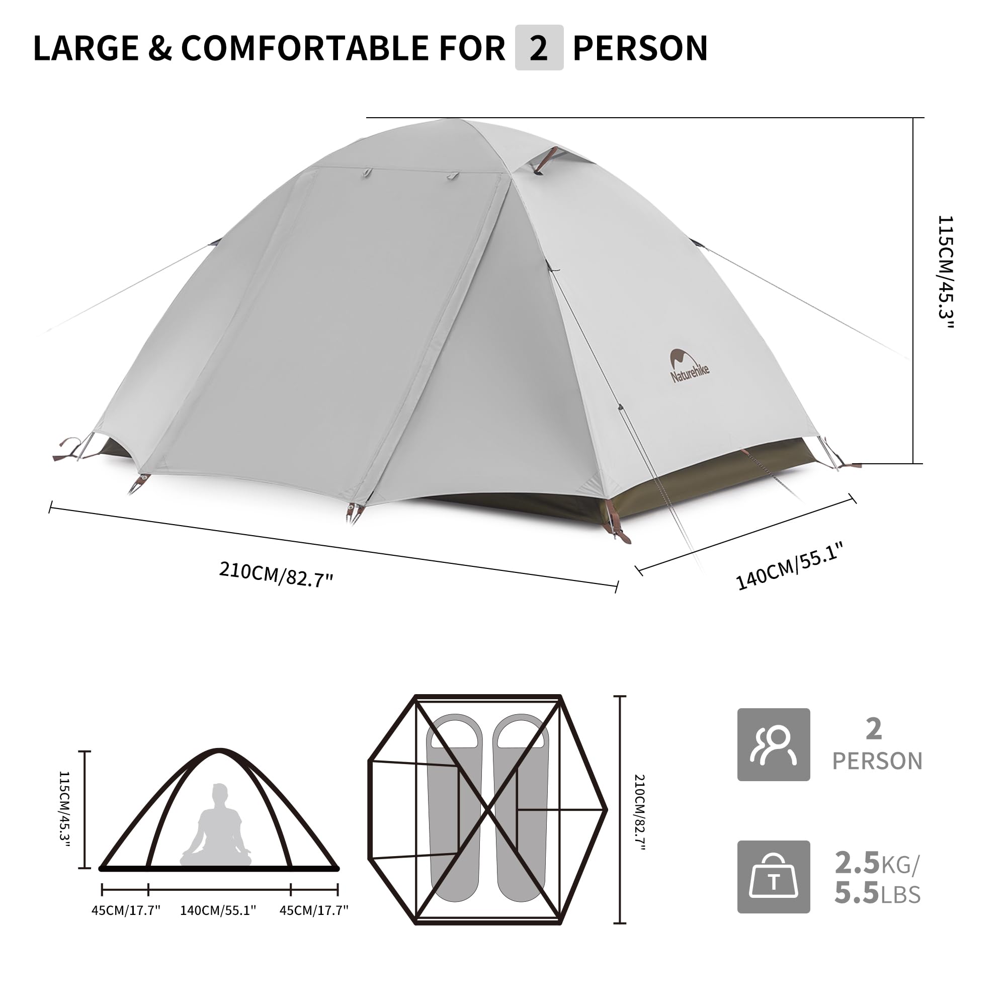 Naturehike Cloud Creek Tienda de campaña ultraligera 7001 para 2/3 personas, protección solar de aluminio y resistente al agua, para mochileros, senderismo, aventuras al aire libre (gris/2 personas)
