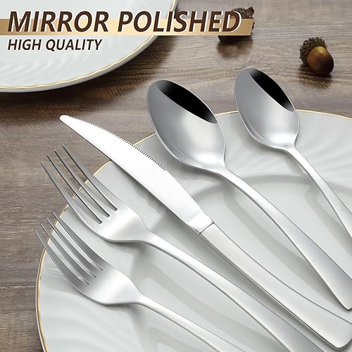 Miniatura 3 de BEWOS Juego de cubiertos de 40 piezas de acero inoxidable para 8, tenedores, cucharas y cuchillos, juego de cubiertos pulidos con espejo, juego de