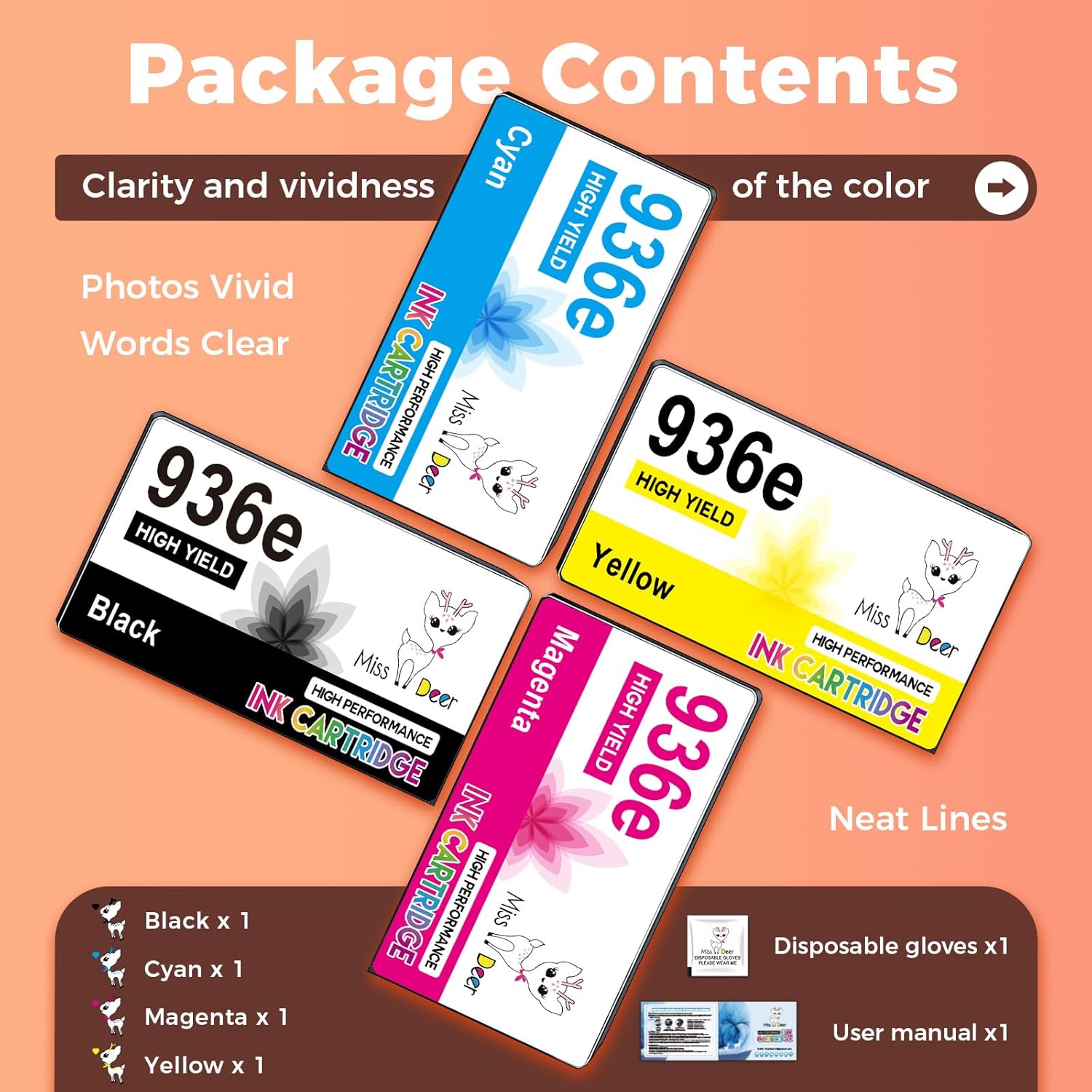 Miss Deer 936 Ink Cartridges XL, Compatible Replacement for HP 936e 936XL HP936 XL High Yield for OfficeJet Pro 9125e 9120e 9730e 9135e 9130e 9125 9130b 9128e 9120 9110b Printer (4-Pack, BK/C/M/Y)