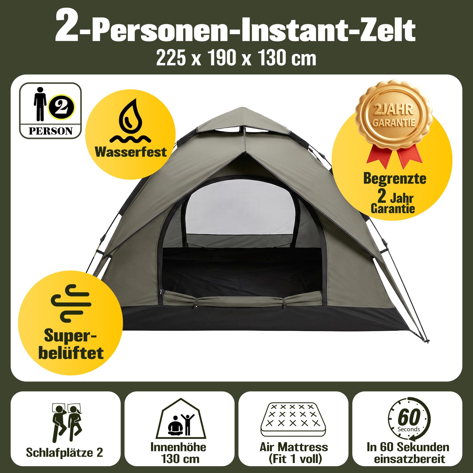 Zelt 2/3/4 Personen Campingzelt Pop Up - 40s Automatik Schnellaufbau, 2-4 Mann Zelte Wasserdicht 3000mm & Winddicht, Doppelwand Kuppelzelt mit Regenschutz, Wurfzelt für Camping