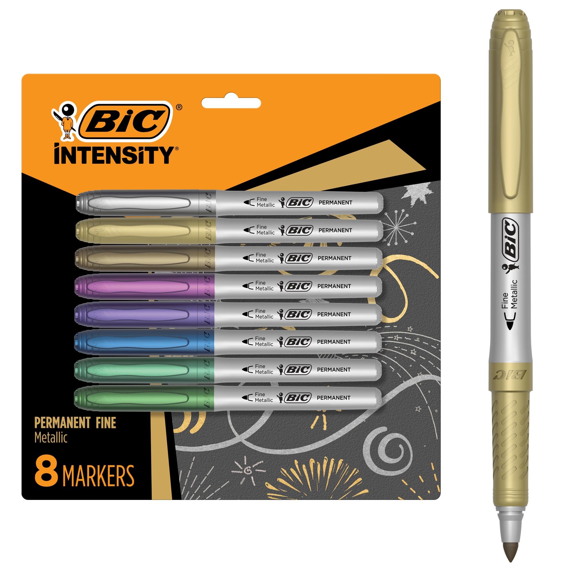 BIC Intensity Metallic Permanent Markers, Fine Point, 8-Count Pack of Metallic Markers (Assorted Colors May Vary) With Non-Slip Grip for Comfort and Control