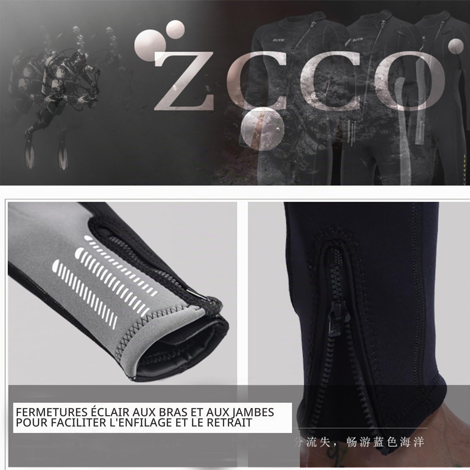 Combinaison de plongée en néoprène de 3 mm pour homme et femme avec fermeture éclair sur le devant pour plongée sous-marine et eau froide