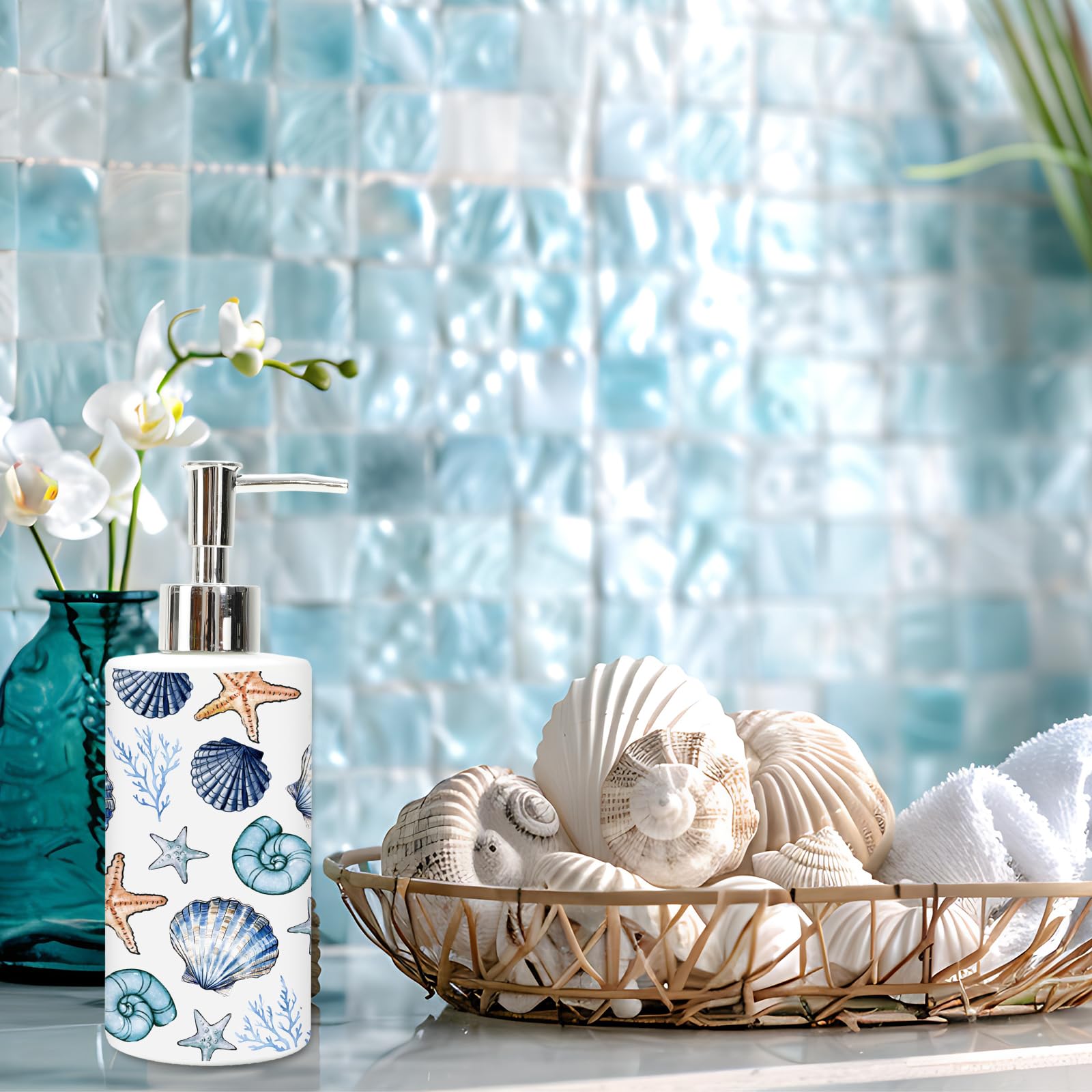 JarThenaAMCS Summer Ocean Seifenspender Glasspender mit Pumpe, nachfüllbar, Muschel, Seestern, Koralle, Flüssigseifenbehälter für Küste, Strand, Zuhause, Küche, Badezimmer, Arbeitsplatte