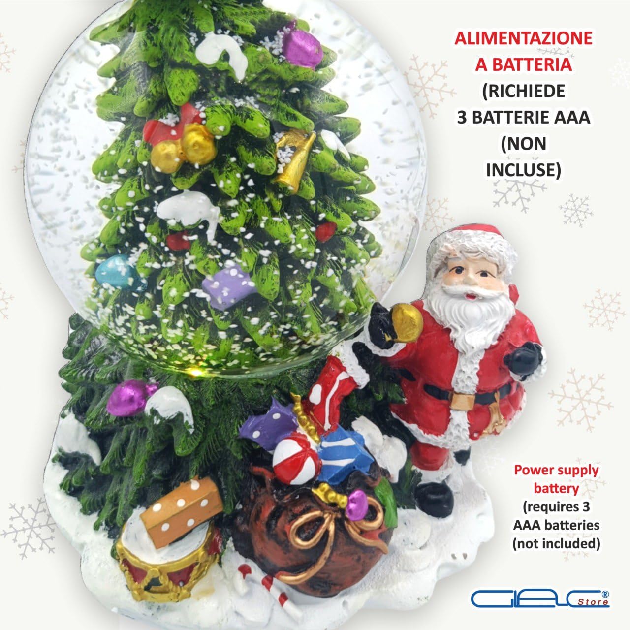 Sfera di Neve Natalizia con Albero e Babbo Natale, 20x12 cm, Ampolla in Vetro con Effetti Sonori, Decorazione Festiva