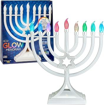 LED Electric Blue Hanukkah Menorah with Special Effects - Battery/USB Powered, Star of David, 4 Lighting/Blinking Modes, Large LED Bulbs, Chanukah Traditional Electric Menorahs - White