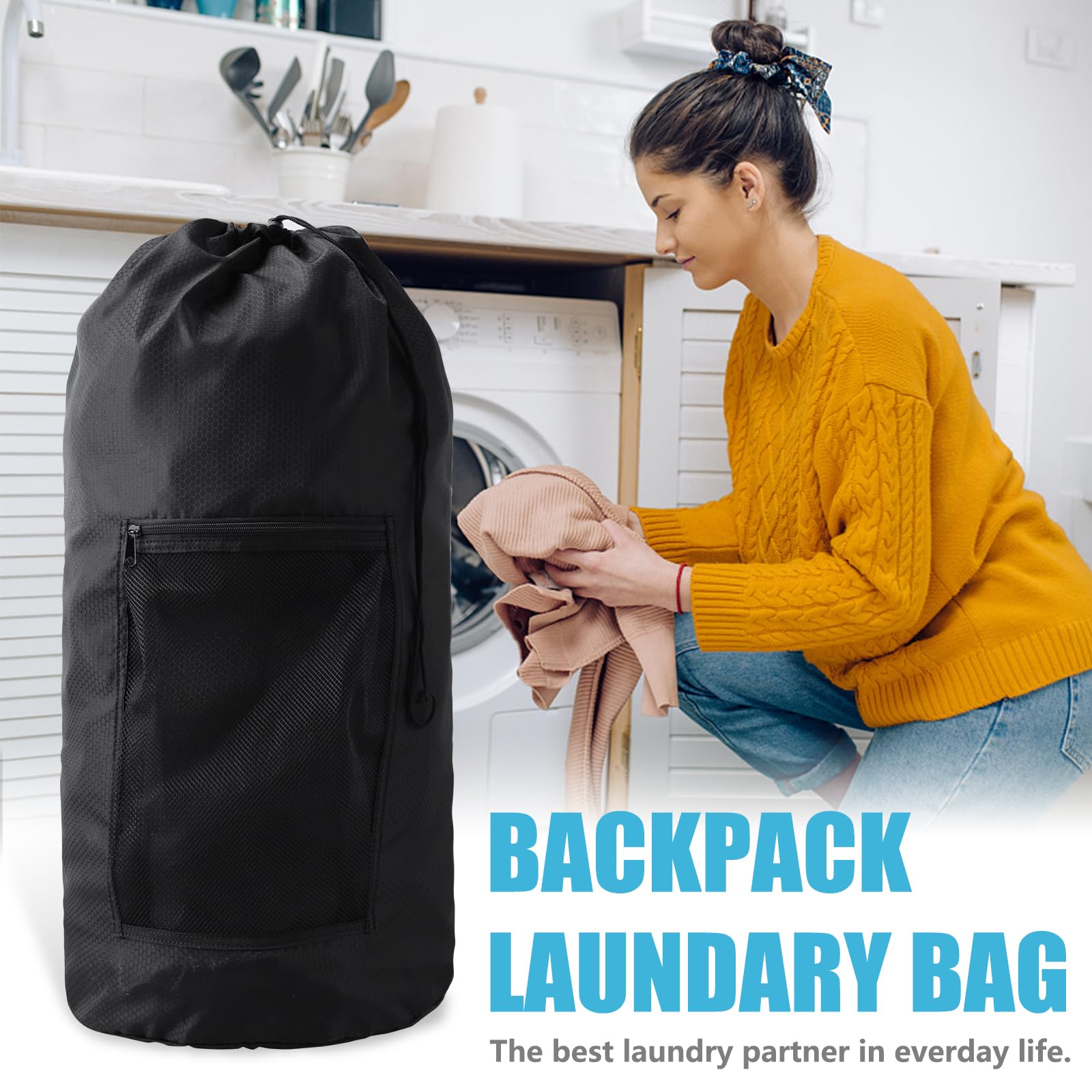 Olosar Wäschesack Rucksack, extra großer Reise-Wäschesack mit Netztasche und verstellbaren Schultergurten, schmutzige Kleidung, Reisetasche für Studenten, Wohnheim, Wohnung, Schwarz, 2 Stück