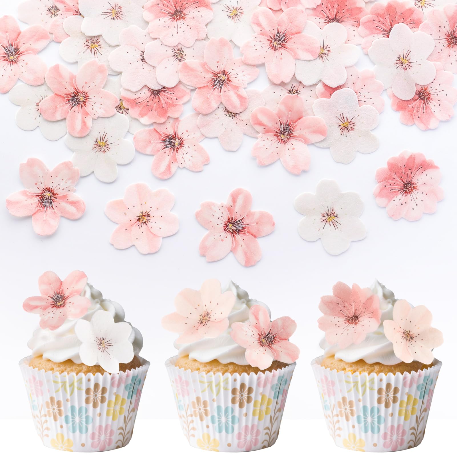 Suofuolef 50 Stück Kirschblüte Tortendeko Essbar, Rosa Blume Kuchen Deko, Essbare Cupcake Deko für Hochzeit, Geburtstag, Jubiläum
