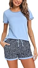 Litherday Pyjama Femme Ete Short à Manches Courtes Ensemble de Pyjama Coton Vêtements de Nuit Impression à Carreaux Confortable Doux Respirant