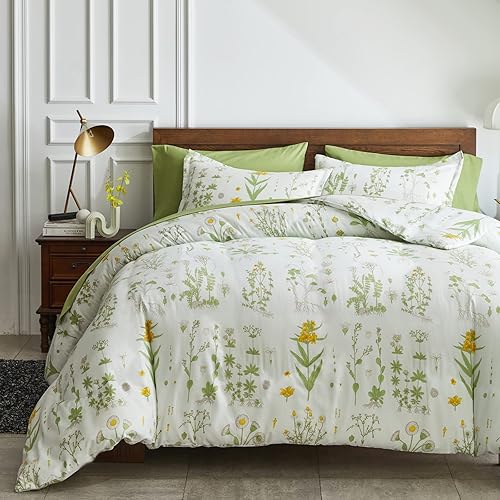 Miniatura 1 de UOZZI BEDDING Juego de funda de edredón floral blanco y verde, tamaño individual con 2 fundas de almohada, hojas verdes y flores amarillas, diseño