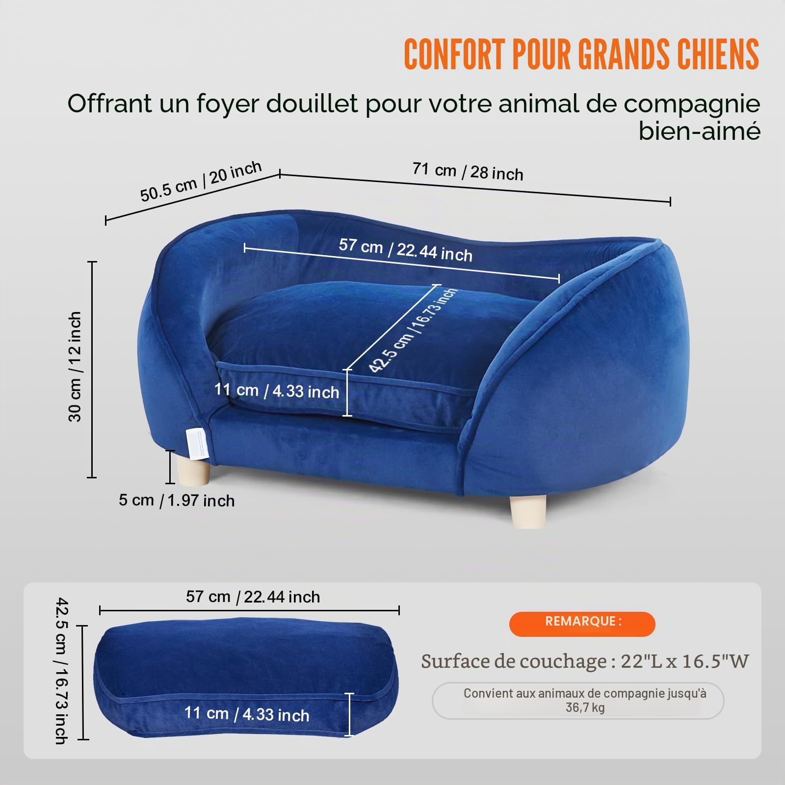 VEVOR Canapé pour Animal de Compagnie 71 x 50,5 x 30 cm Panier pour Chien Taille Moyenne Chat Velours Doux Bleu foncé