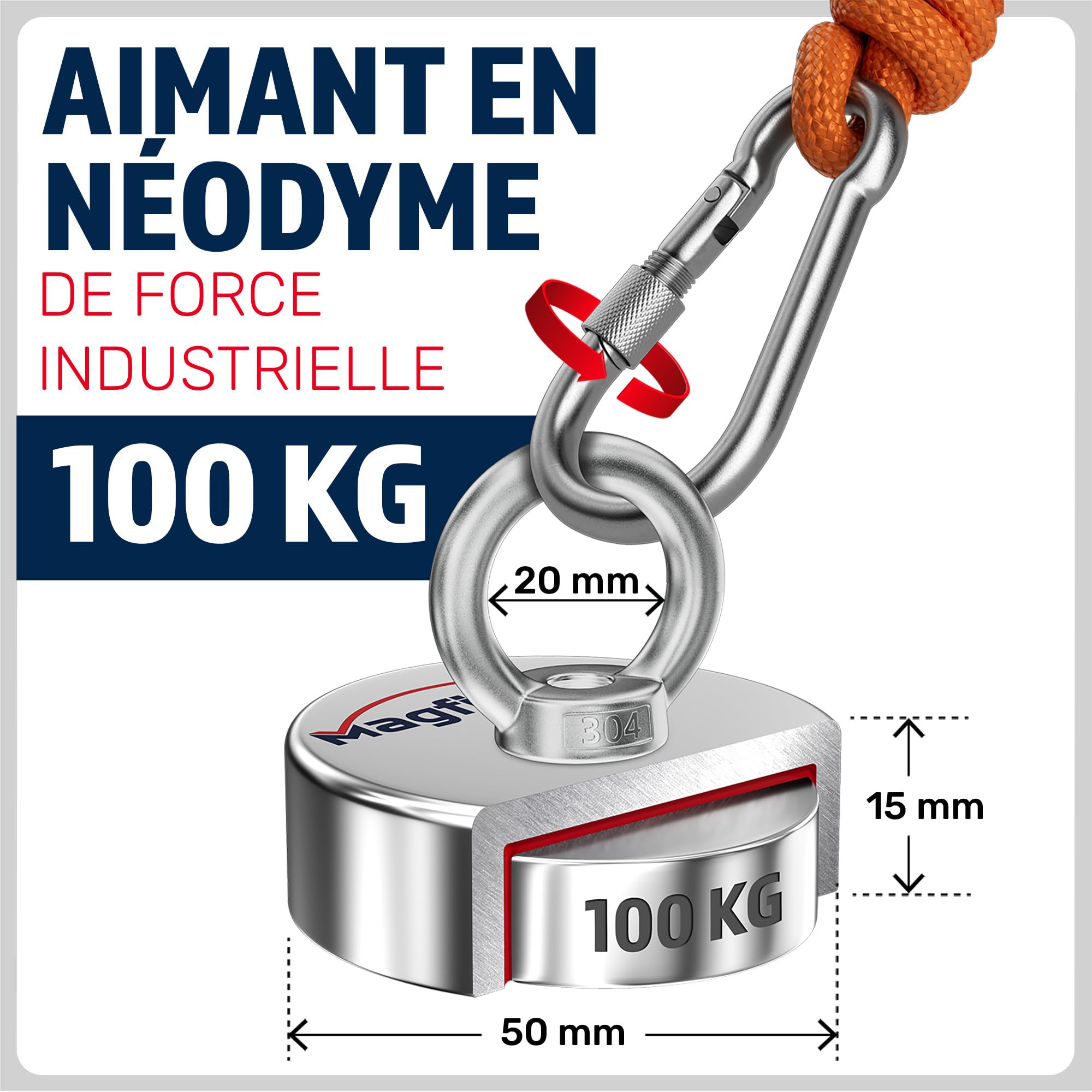 MAGFISHION Aimant Neodyme Puissant - 100 KG - Aimant de Peche Ø50mm | Aimants Puissants - Peche a l'Aimant avec Corde (20M) et Gants - Crochet Aimanté - Kit de Pêche Super Magnétique