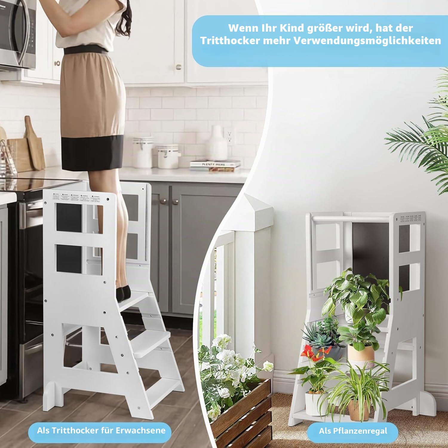 KIDINIX Lernturm mit 3 verstellbaren Höhen, Learning Tower mit magnetischem Whiteboard und Abnehmbarer Kreidetafel, Höhenverstellbar, Montessori-Lernstuhl für Küche und Bad, Kippsicher, Weiß