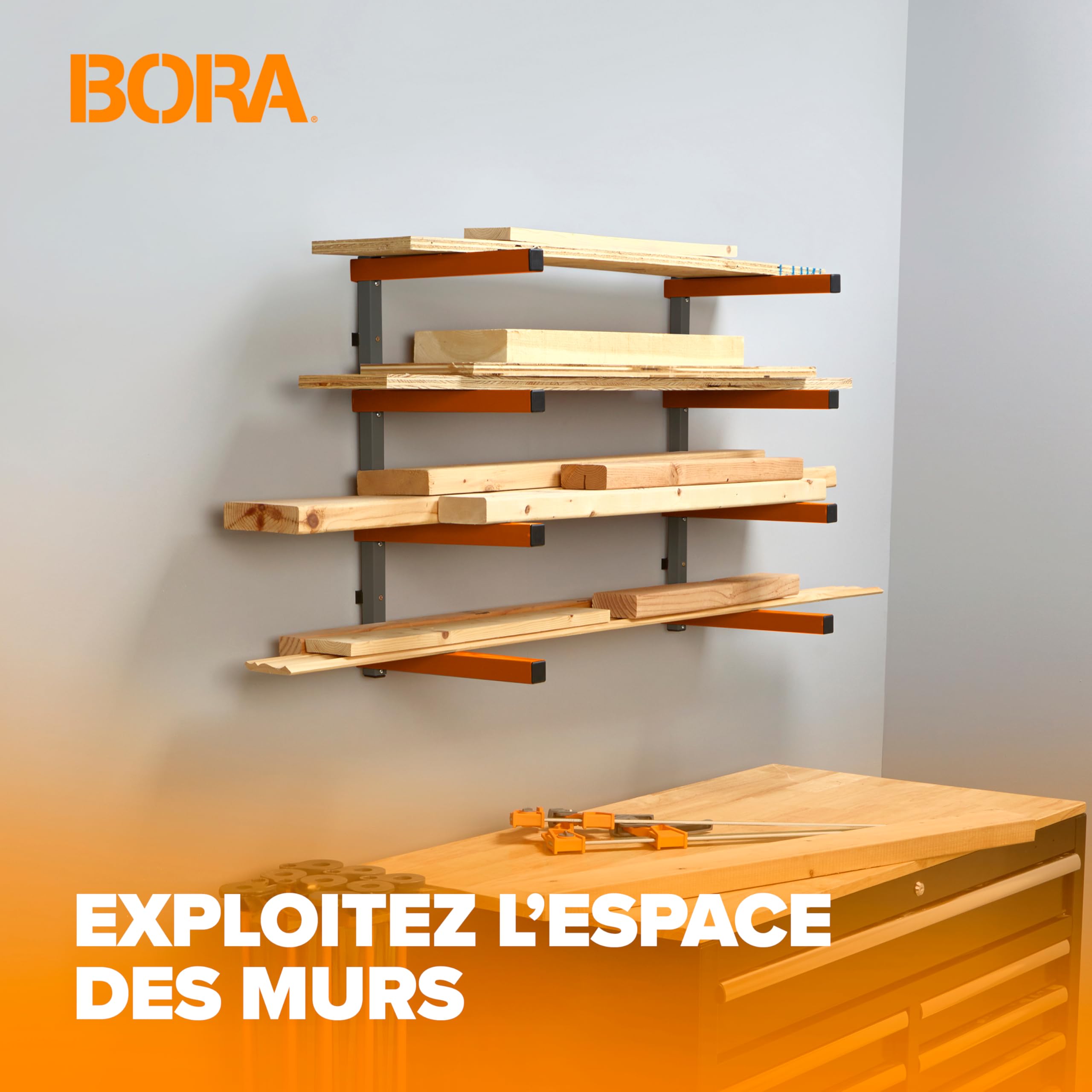 BORA Rangement Mural Bois 4 Niveaux – Étagère Murale Garage pour Planches, Tuyaux, Échelles, Outils – Capacité 200 kg