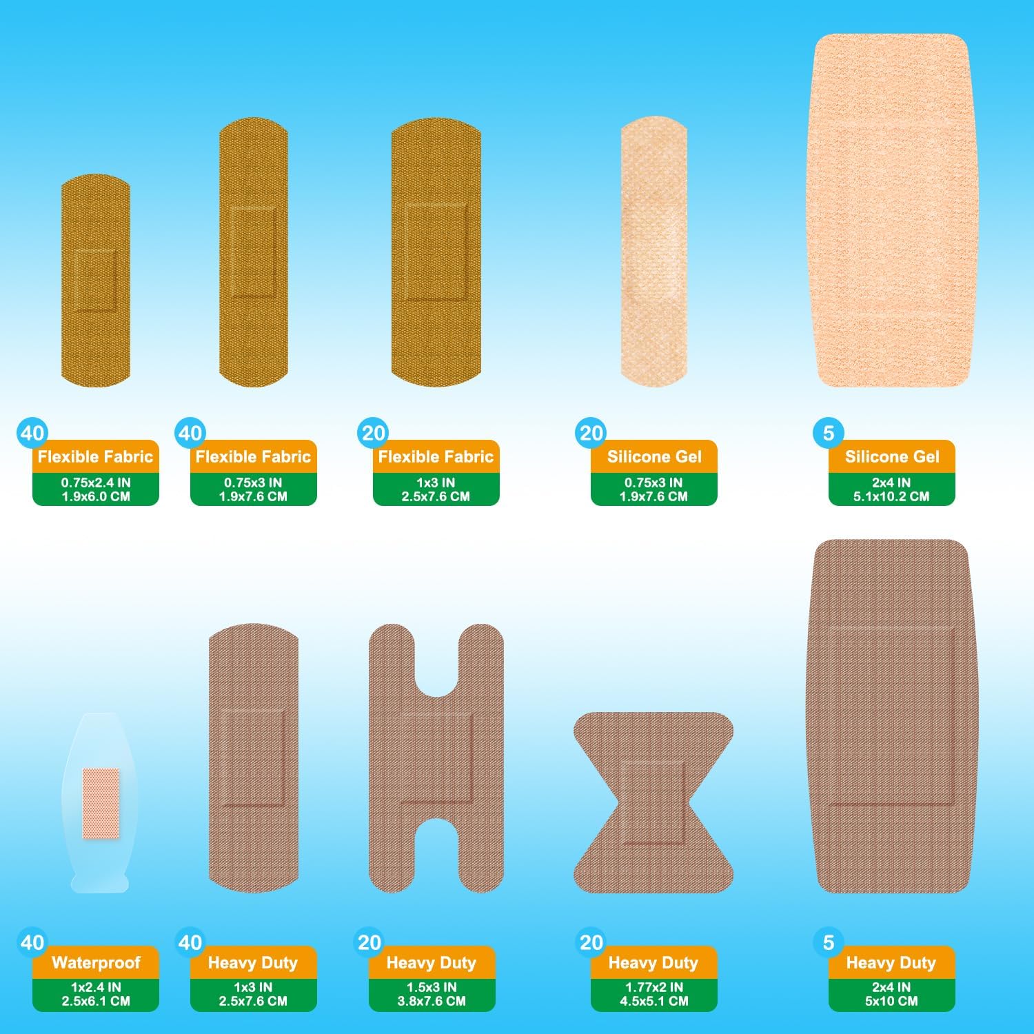 Hysimedy Paquete de 210 vendas adhesivas de tela flexible, resistentes e impermeables, de silicona, en varios tamaños, vendas para nudillos para pieles sensibles
