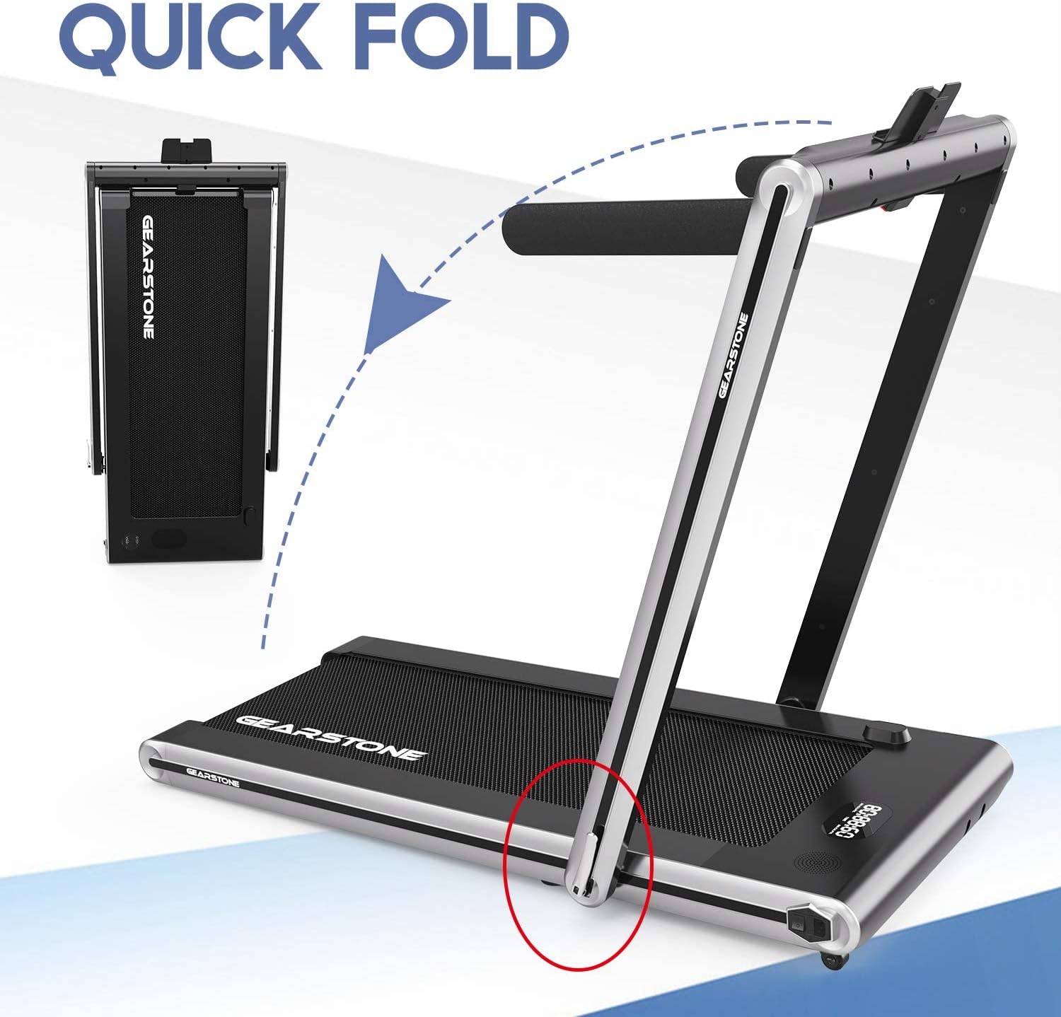 Image showing the GEARSTONE CS-07 treadmill in its folded and unfolded states, illustrating the quick fold mechanism.