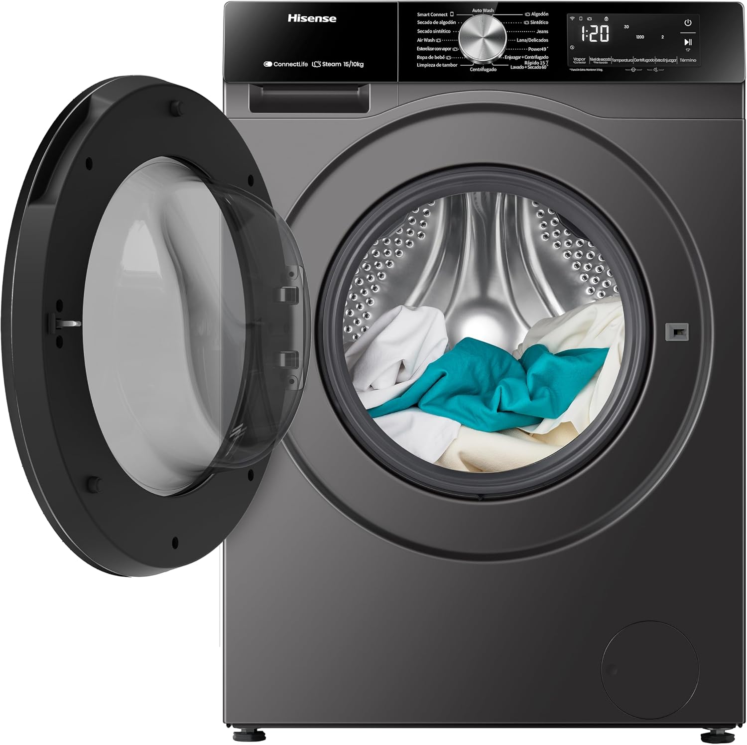 Hisense WD3S1543BT washer-dryer with door open and clothes inside