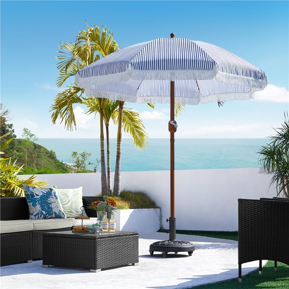 Yaheetech Parasol de Jardin d'extérieur avec Franges, 236/275cm, Parasol Inclinable, Anti-UV/l'eau, avec Canopée Réglable, Manivelle, 8 Baleines, Housse