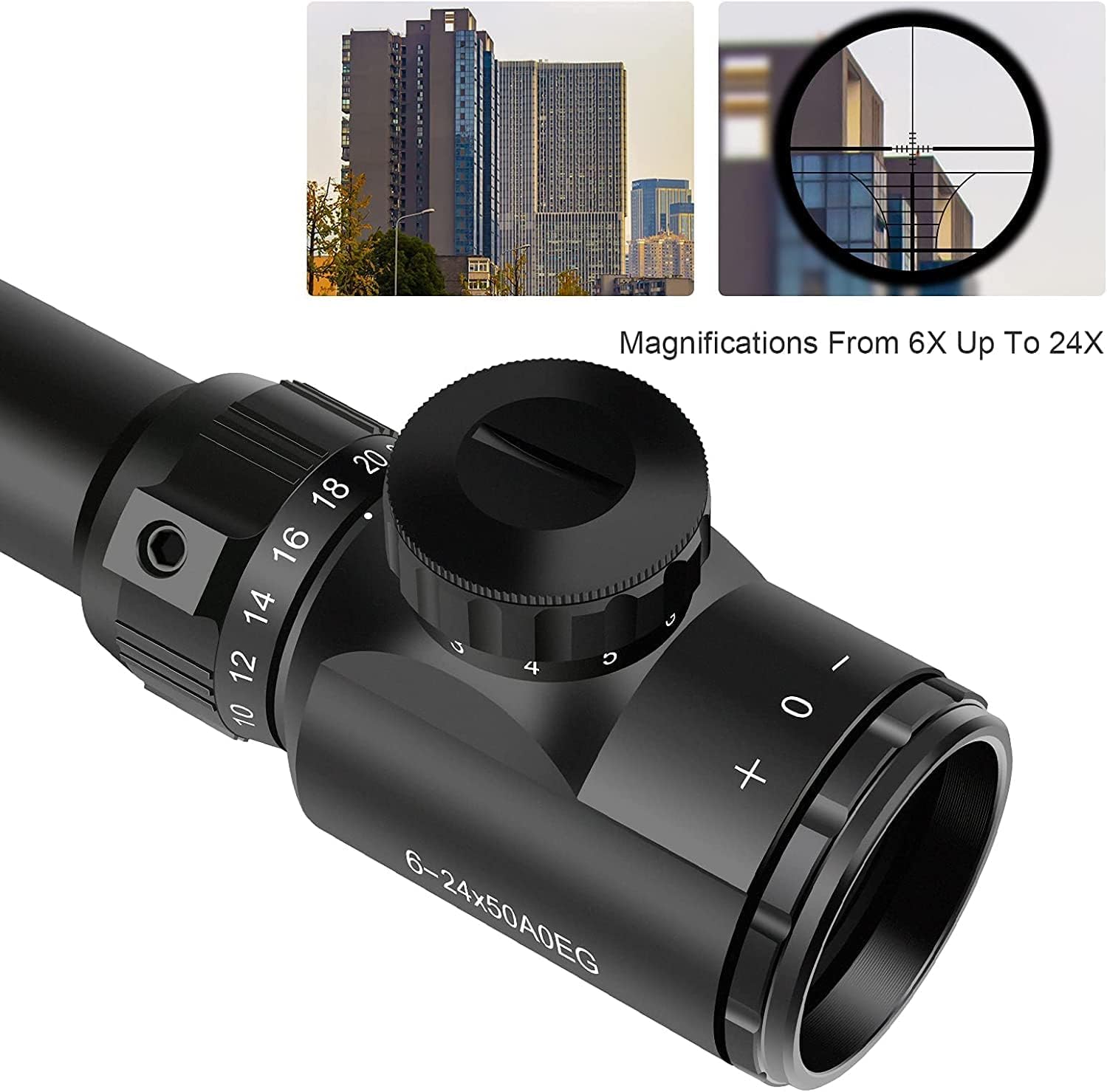 KinZon - Bisel de visión (6 – 24 x 50 AOEG, con retículo luminoso, óptico Mil-Dot y ajuste de paralaje, aumenta el alcance de la precisión de la escopeta táctica, Airsoft, montaje en riel de 20 mm