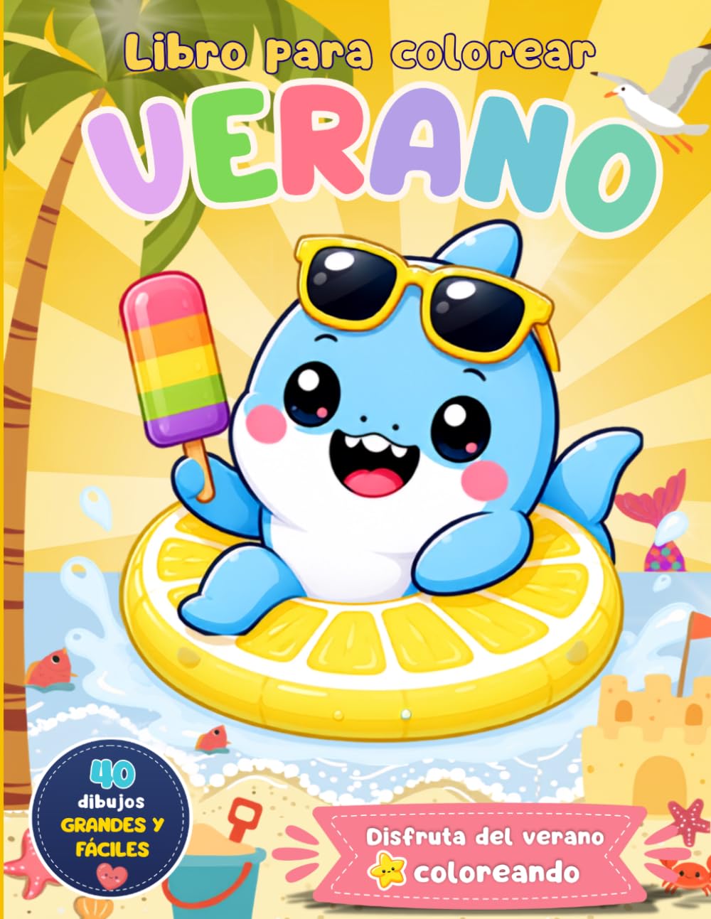 Libro para Colorear Verano para Niños de 4 a 8 Años: 40 dibujos grandes y fáciles de colorear con playas, piscinas, helados, animales veraniegos y divertidas aventuras de verano