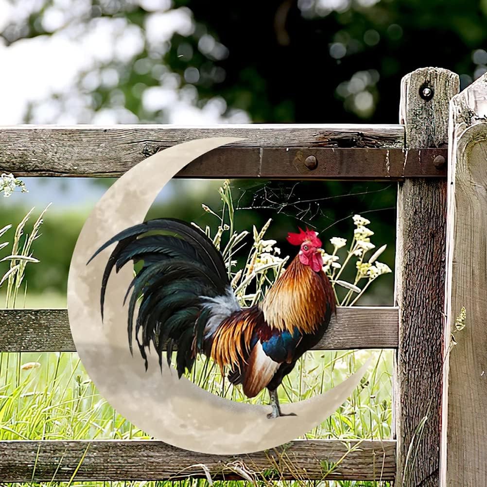 Metal Wall Hanging Sign Rooster Moon Wall Decor Wall Unique Arts for Farmhouse Home Garden Decor
