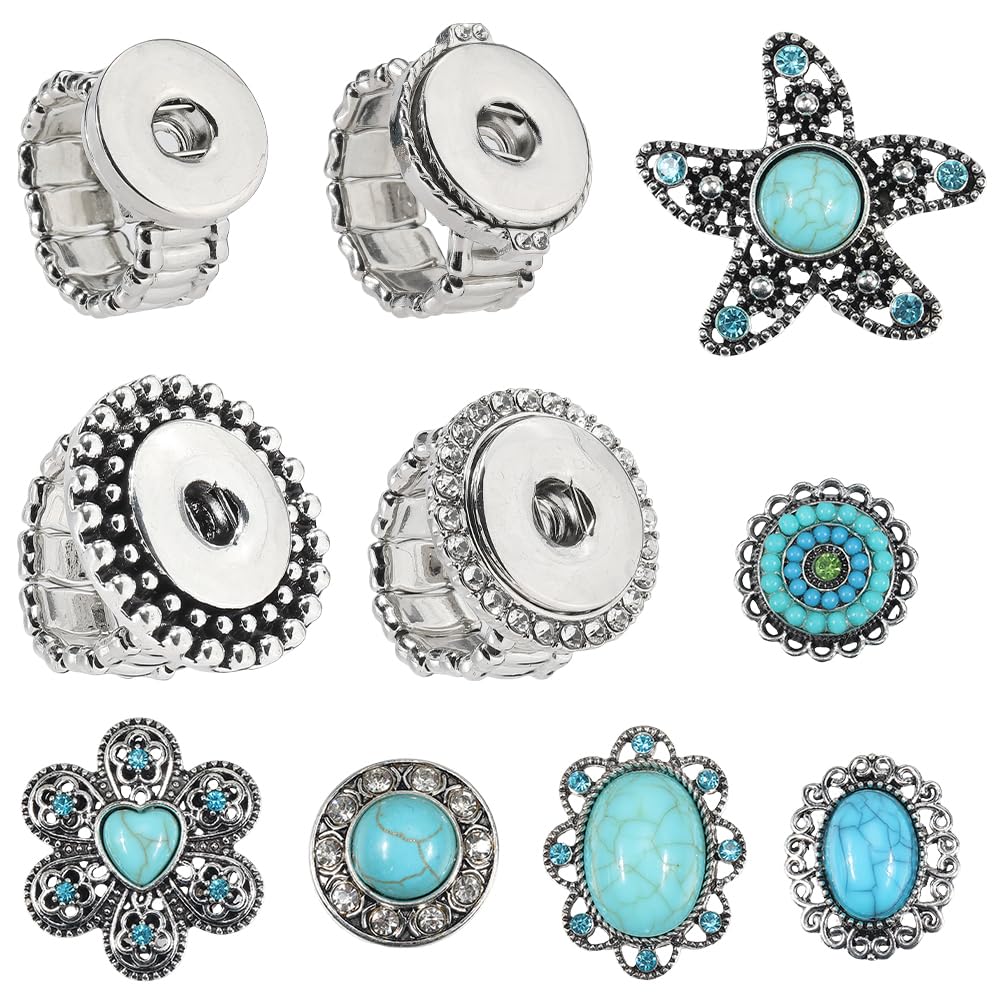 Boutons pression vintage en résine turquoise et bagues interchangeables pour création bijoux