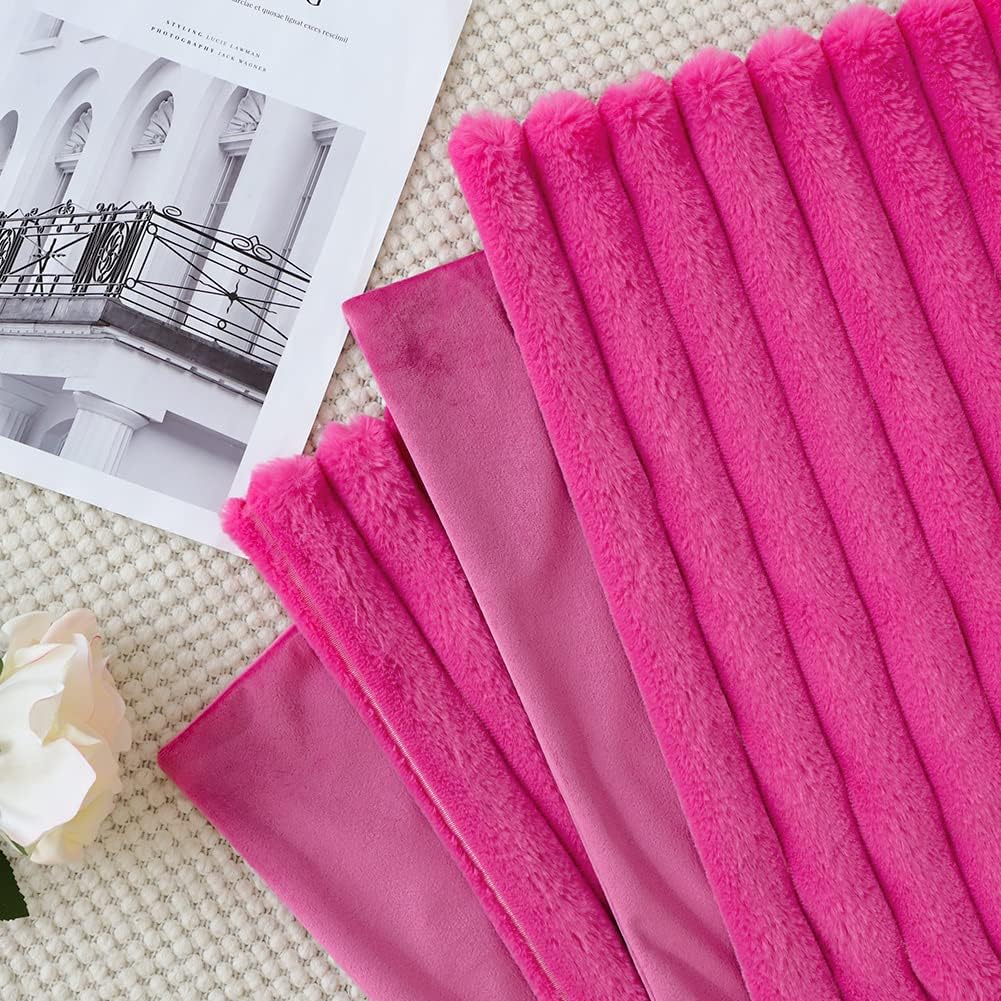 OTOSTAR Pack of 4 Faux Fur Plush Decorative Throw Pillow Covers Striped Soft Fuzzy Pillowcase Cozy Velvet Square Cushion Cover for Couch Sofa Bedroom Home Car Decor Pillow Covers 18x18 Inch (Hot Pink)