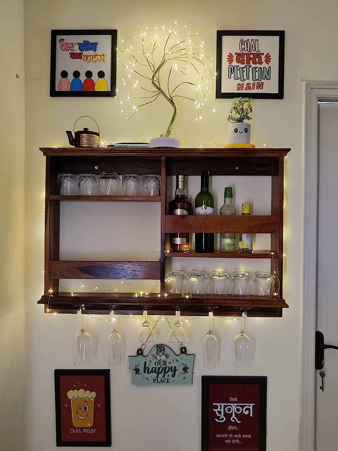 ADVRZO Wooden Wall Mounted Wine Rack, Bar Cabinet with Glass Storage, Wall Hanging Mini Bar for Home Wine Rack/Holder Upside Down Glass Hanging Organizer Size 33x24 Inch (sheesham Wood) Natural Finish