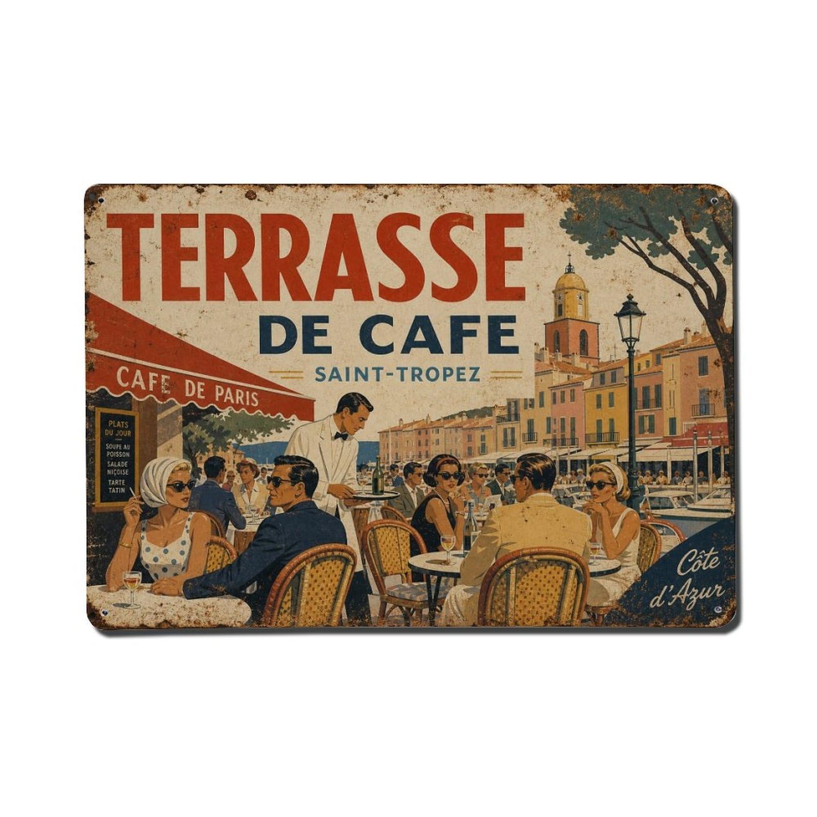 French Village Travel Retro Riviera Lifestyle Metal Tin Sign Plaque Wall Decor for Cafe, Man Cave, Club Bar, Office, Home Garden Round Metal Poster 8x12Inch