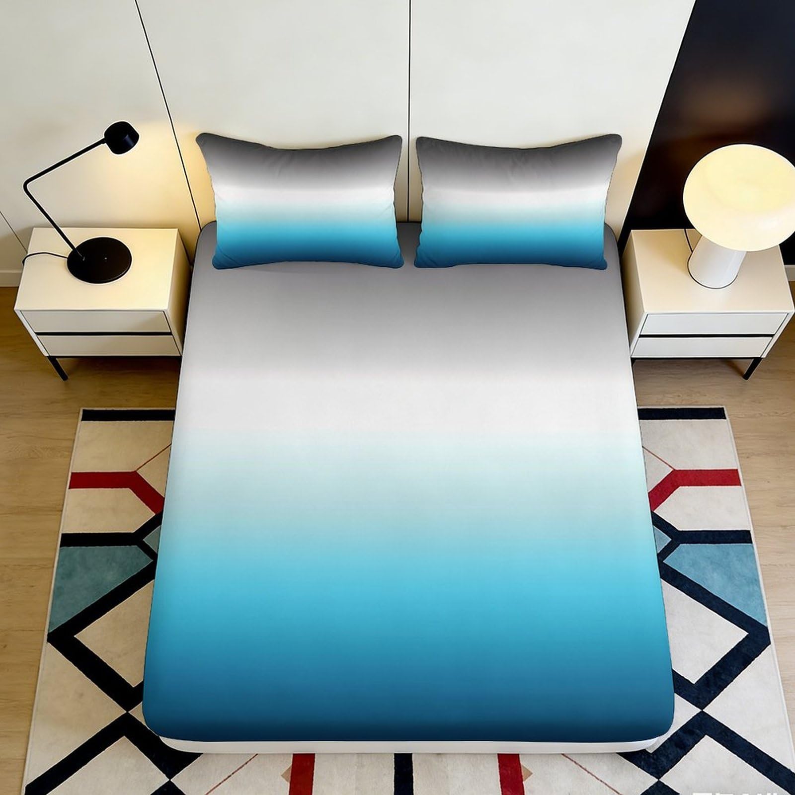 3D Printed Gradient Blue Fitted Sheet Microfiber Soft Breathable Ombre Bed Cover for Bedroom Dormitory Guest Room Mattress Protection Decor 140x200x25cm