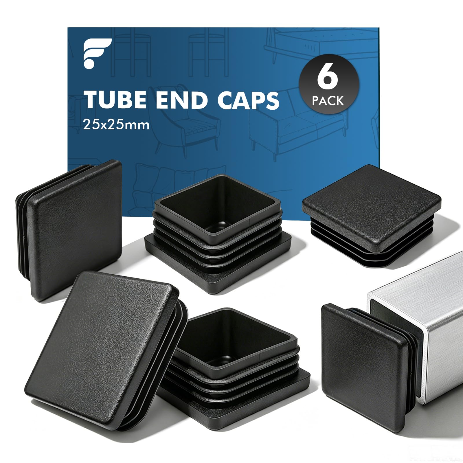 shinfly 25x25 mm Square Tube Inserts, Black PE Plastic End Caps, 6 Pack