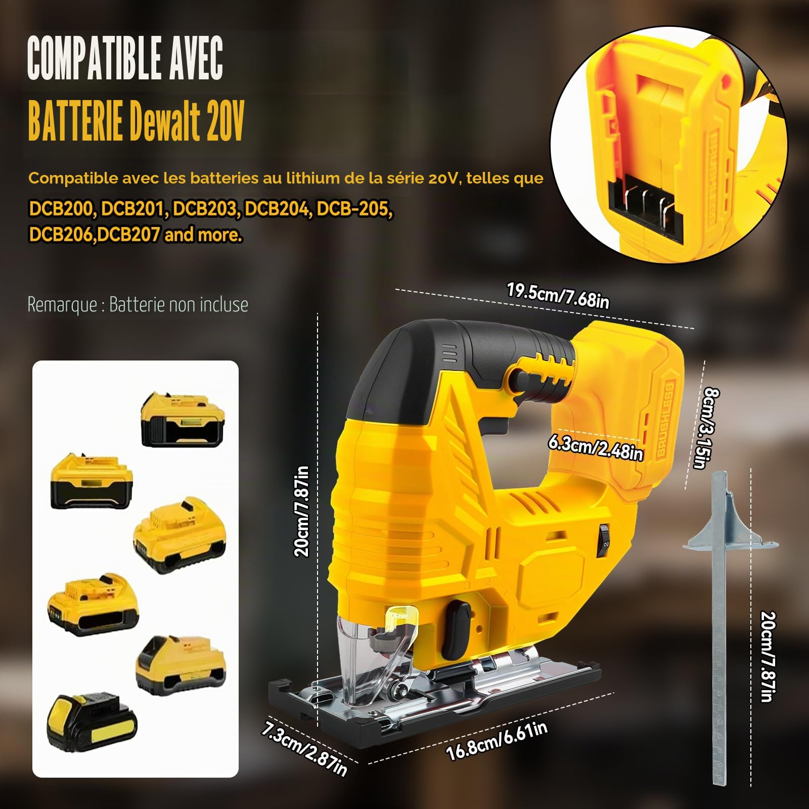 Scie sauteuse sans fil compatible avec batterie Dewalt 20V, outil de coupe de scie sauteuse sans balais 400 W, 2700 tr/min, coupes biseautées à 45° pour des coupes droites/incurvées/circulaires