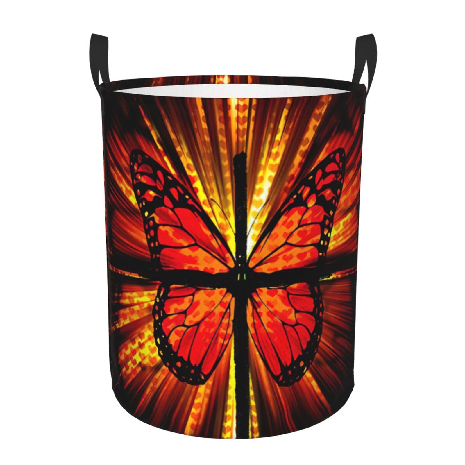 Panier à linge imprimé papillon orange grand format rond doté de poignées solides