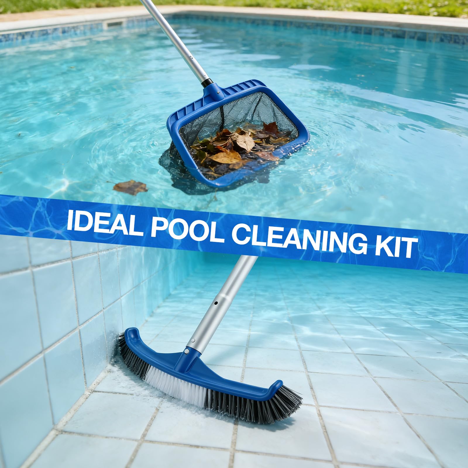Set di Pulizia per Piscina 2-in-1, Retino per Piscina a Maglia Fine e Spazzola Robusta, Skimmer per Detriti e Spazzola per Pareti con Attacco Universale EZ-Clip, Ideale per Piscine, Whirlpool e Spa