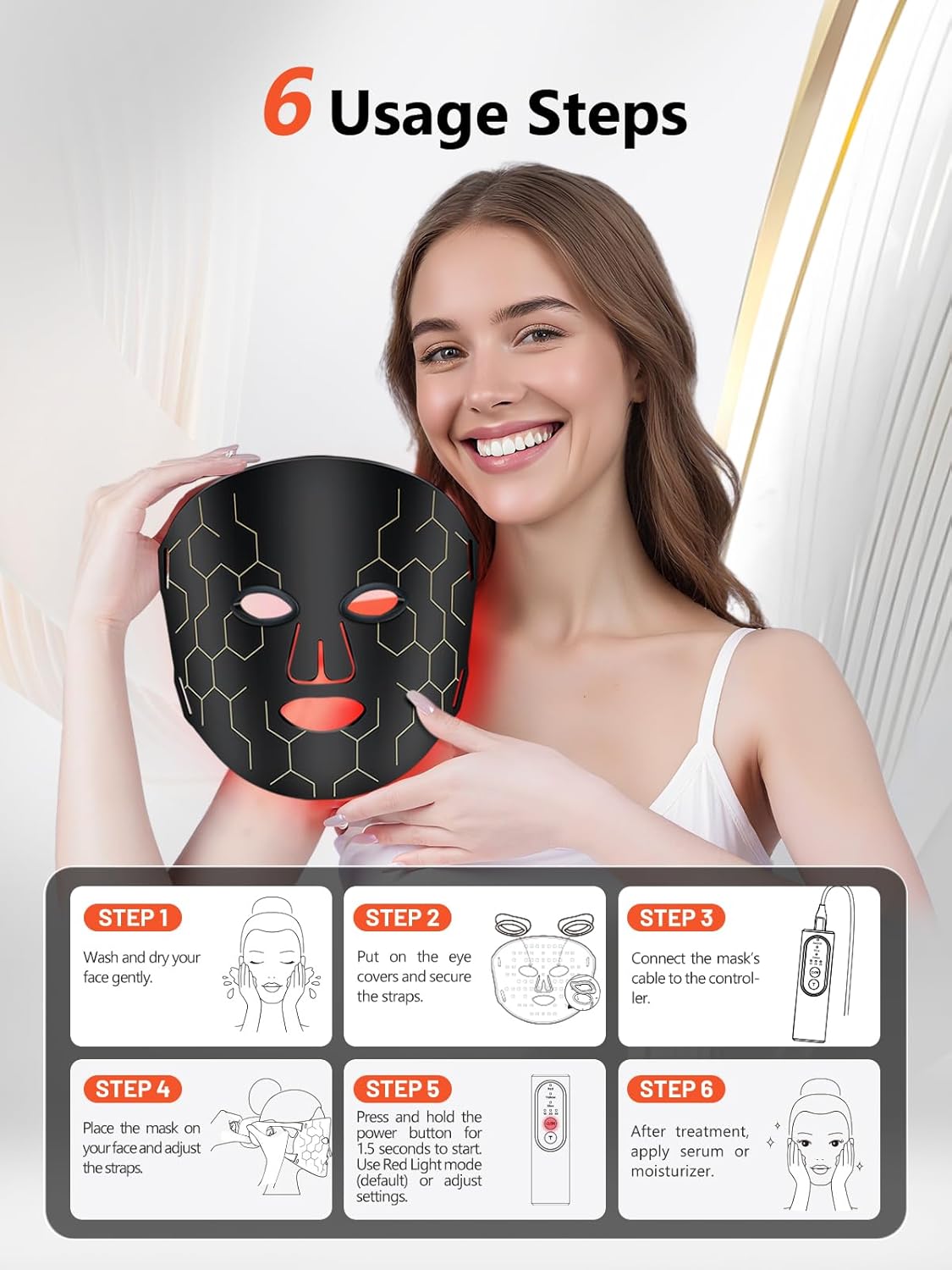Red Light Therapy Mask for Face, 8 Modes LED Face Mask Light Therapy with 288 LEDs, 630nm & 850nm Infrared Light Therapy Mask at Home, Portable with Timer & 2600mAh Remote Control. - Image 6