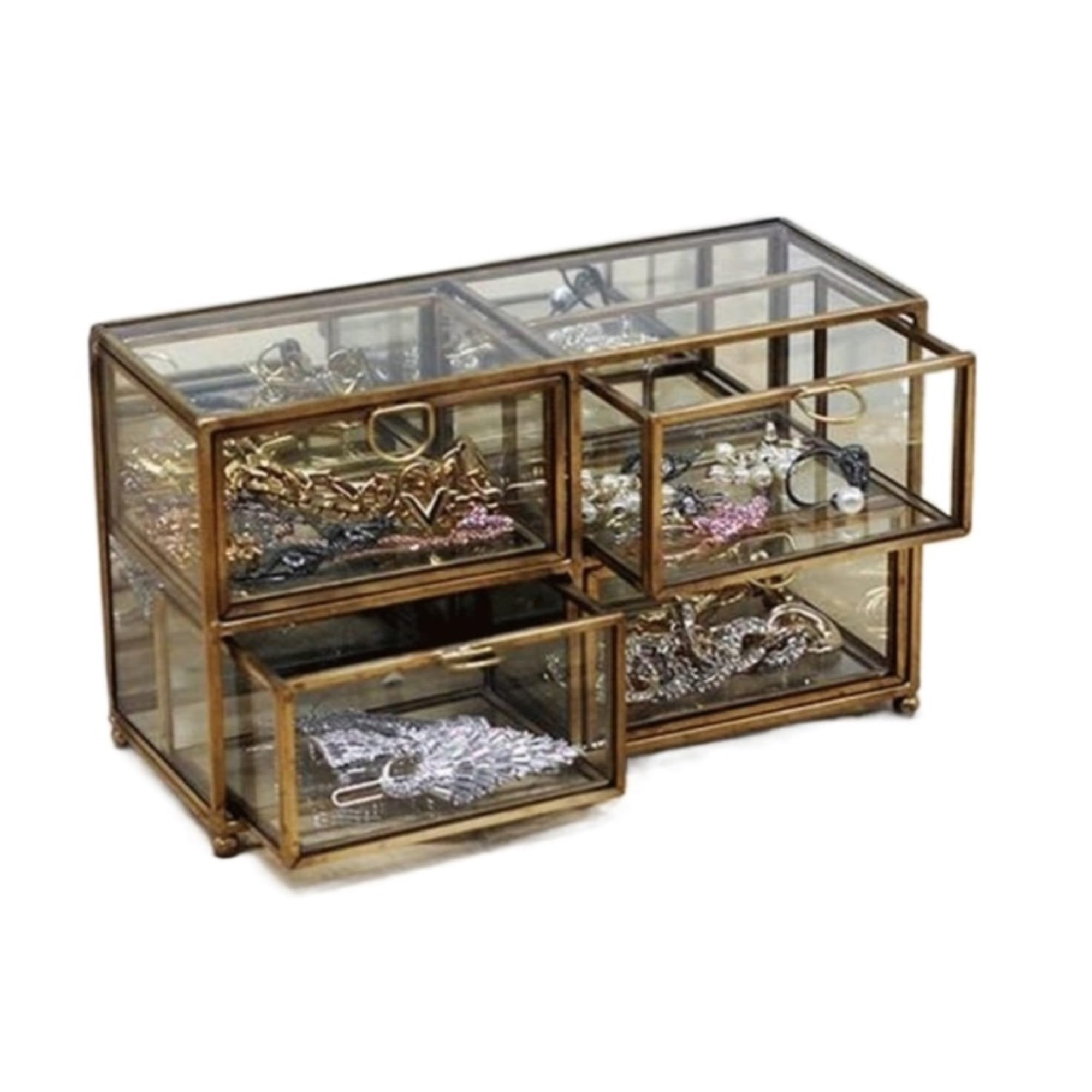 Boîte à bijoux avec quatre tiroirs en verre transparent et laiton - Présentoir à bijoux vintage (couleur unique A)