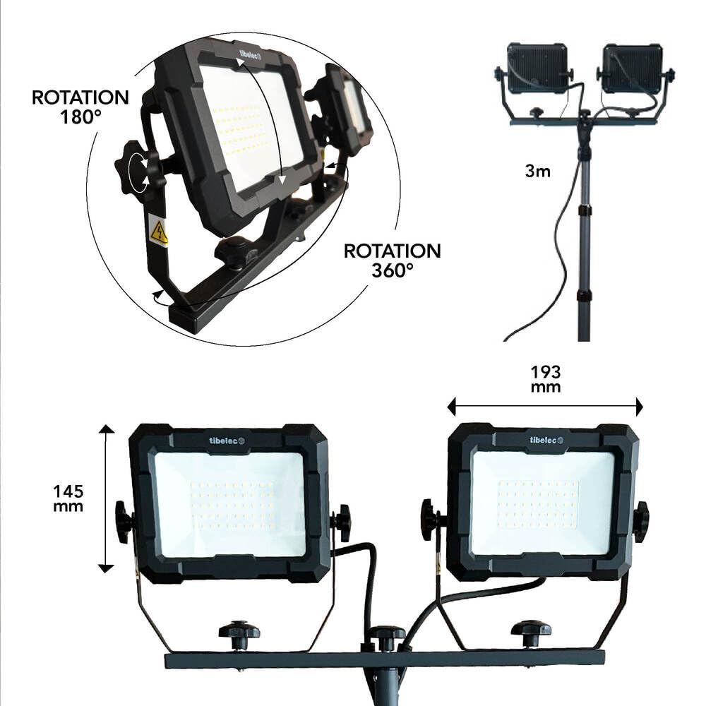 TIBELEC, 347780, Projecteur LED de Chantier, 2 x 50W, 2 x 8200lm, Blanc neutre « lumière du jour », +/- 30 000h, Classe I, Indice de protection : IP65, Orange et noir, 180cm