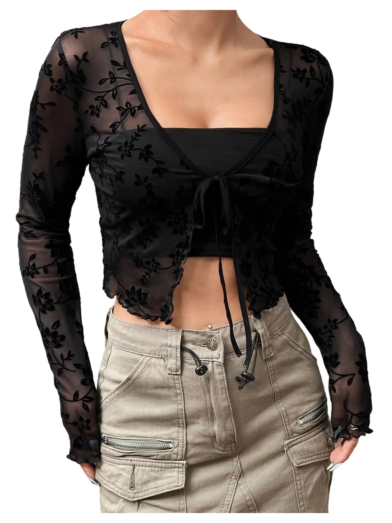 SOLY HUX Womens Sheer Mesh Floral Cropped Cardigan Long Sleeve Tie Front Y2k Crop Tops
