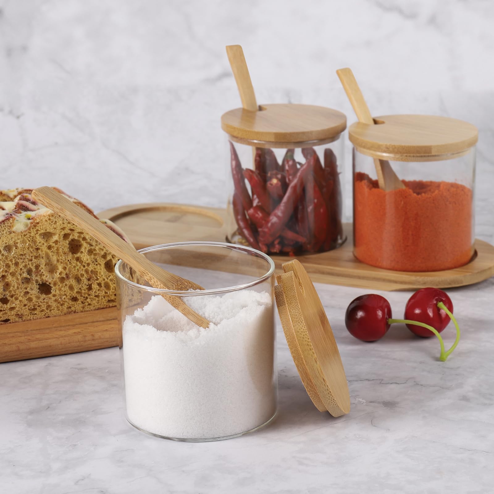 Czemo Set de 3 Bocaux en Verre 300ML pour Épices, Sucre, Sel - Couvercles et Cuillères en Bambou - Récipients à Épices
