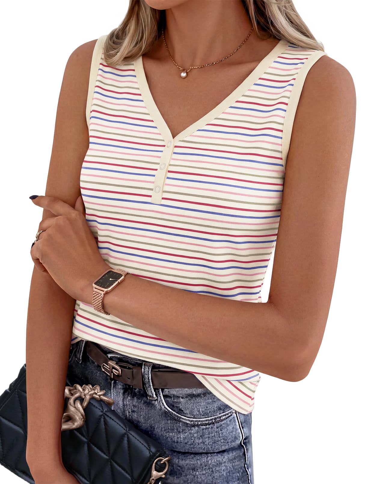 MEROKEETY Womens Summer Tank Tops 2026 Striped V Neck Sleeveless Casual Henley Shirts Colourful Button Cami Tee
