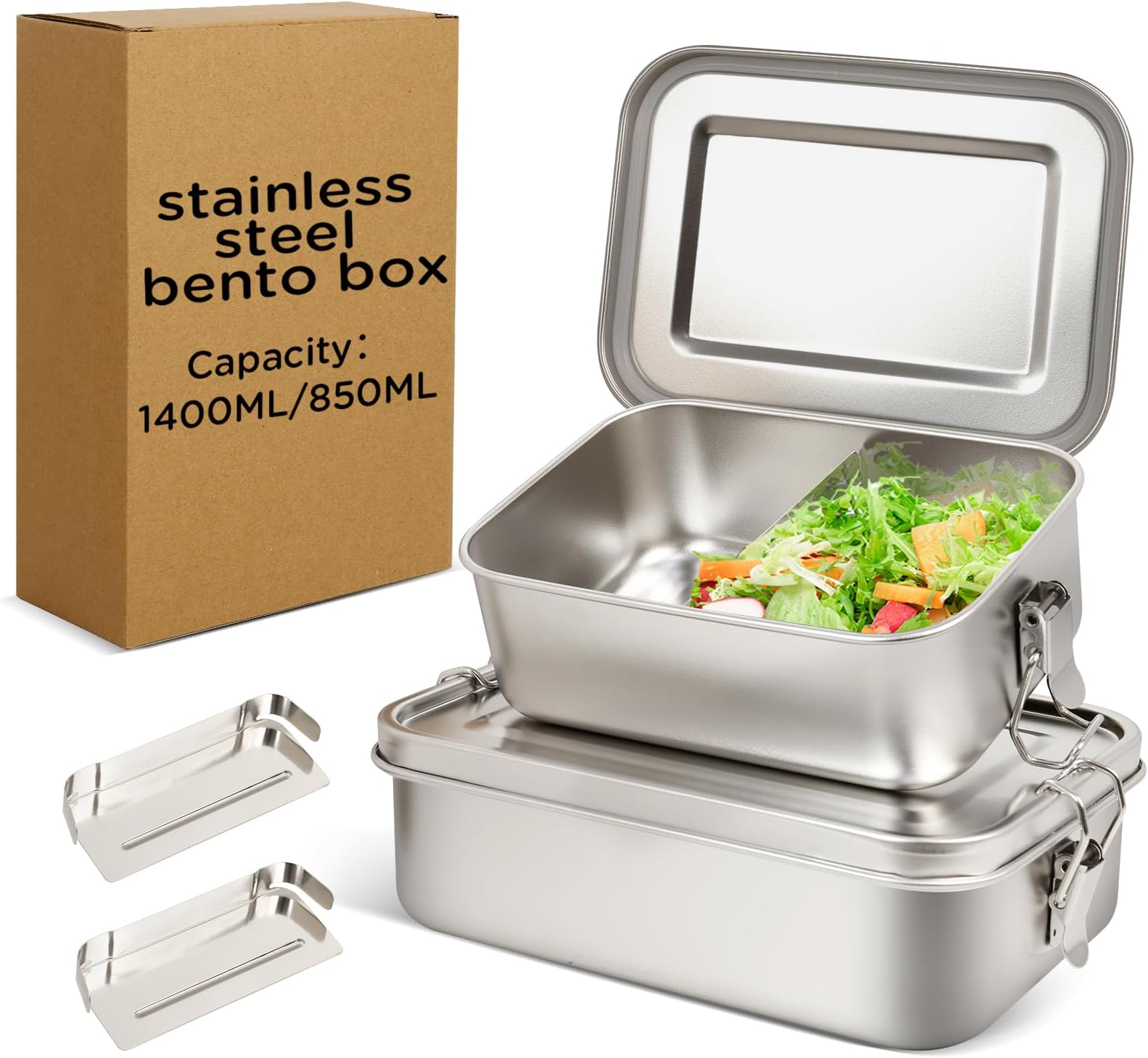 LEEPENK 304 Stainless Steel Lunch Box and Food Containers with Lids 2 Pack 1400/850ml Leak-Proof Adjustable Compartment Metal Bento Box for Travel Work Picnic Adults