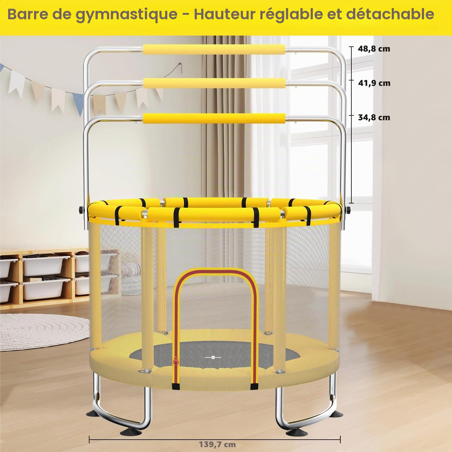 Trampoline pour Enfants 140 cm intérieur/extérieur – Charge maximale 50 kg avec Filet de sécurité, Barre de Gymnastique réglable et Panier de Basket, Cadeau pour garçons et Filles