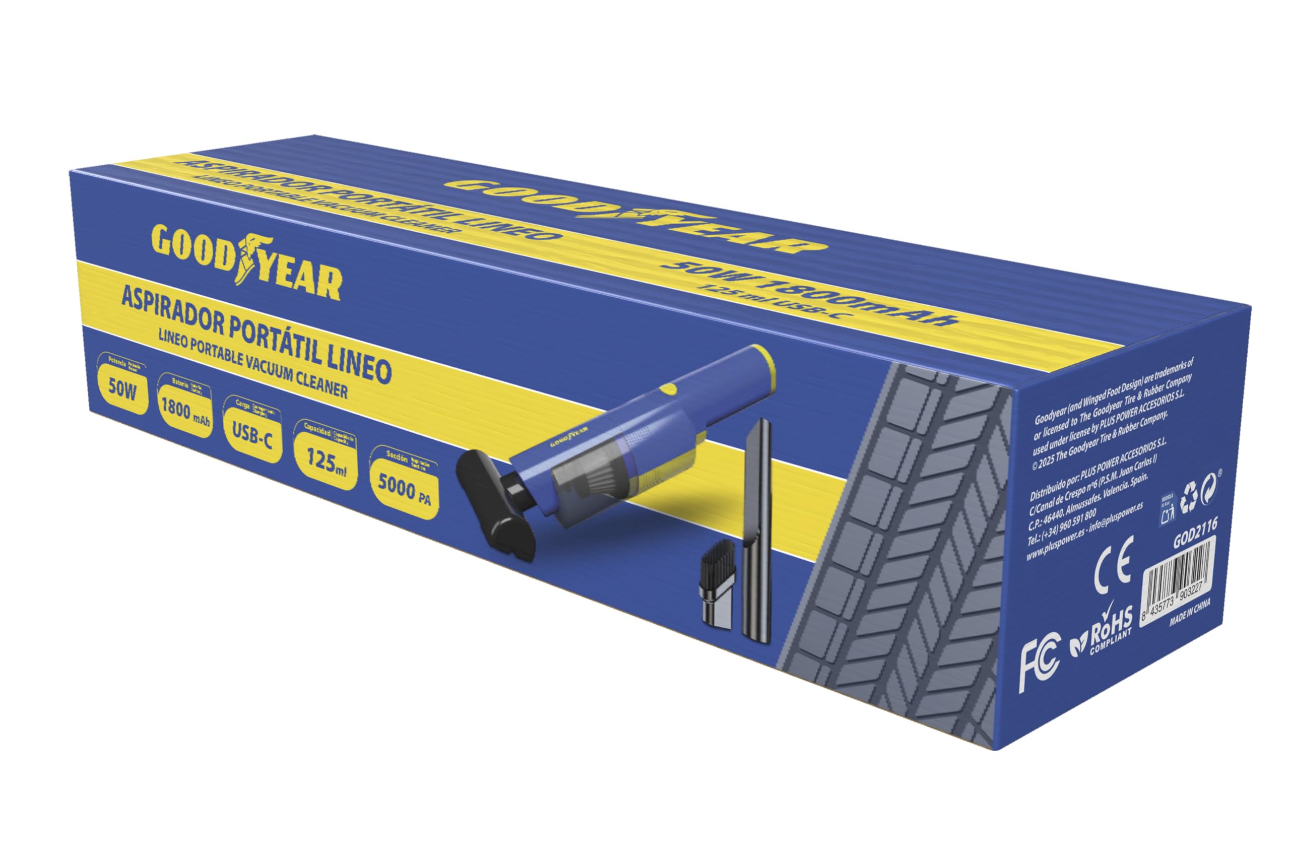Goodyear Lineo Aspirador Portátil sin Cable para Coche, Hogar u Oficina. Motor 50W con Succión de 5.000Pa, Batería 1800mAh, Carga USB-C. Depósito 125 ml, Diseño Compacto y Silencioso