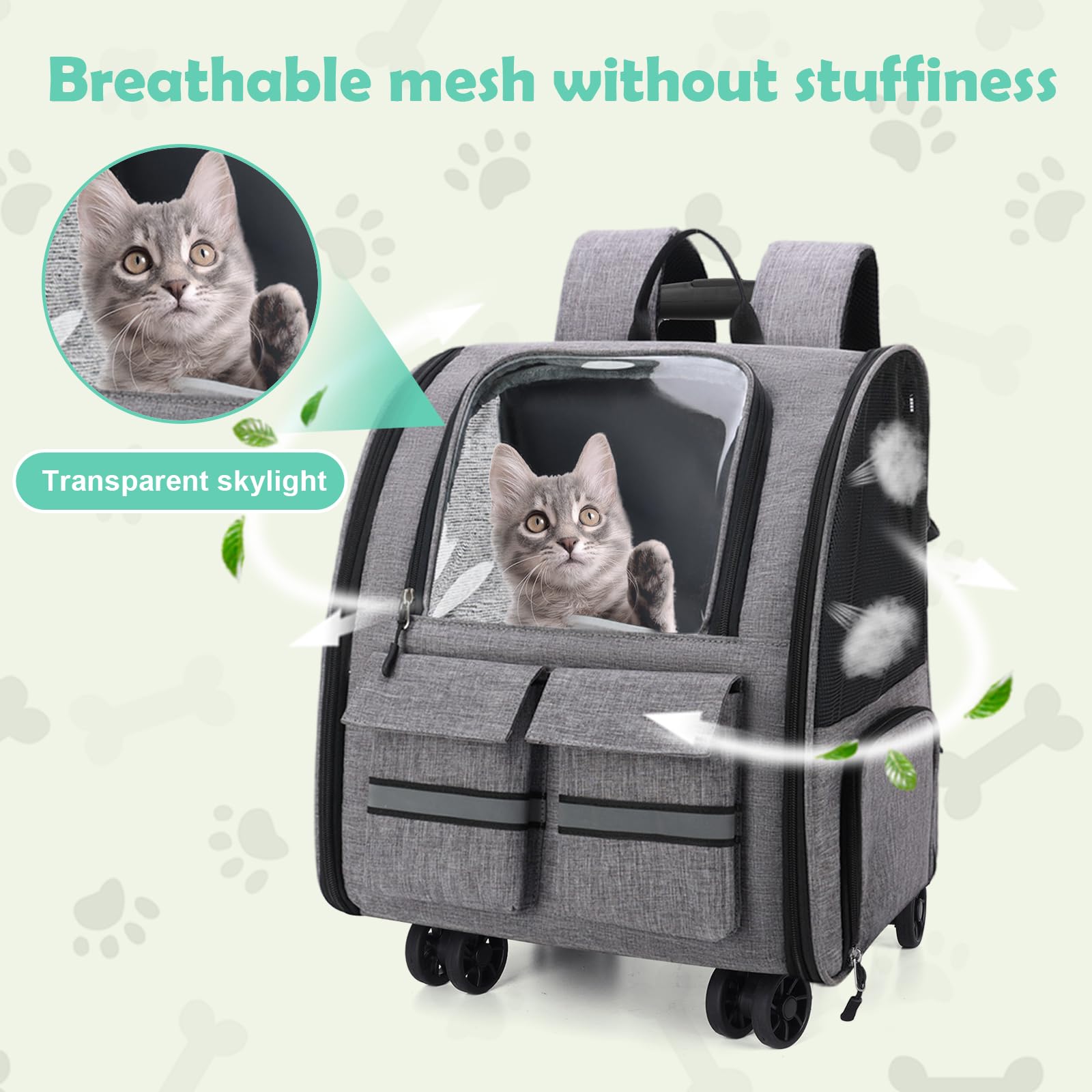 Zaino da trasporto per cani con carrello 3 in 1 fino a 20 kg, gatti, cuccioli, in rete completamente ventilata, progettato per viaggi, escursionismo, uso esterno (grigio)