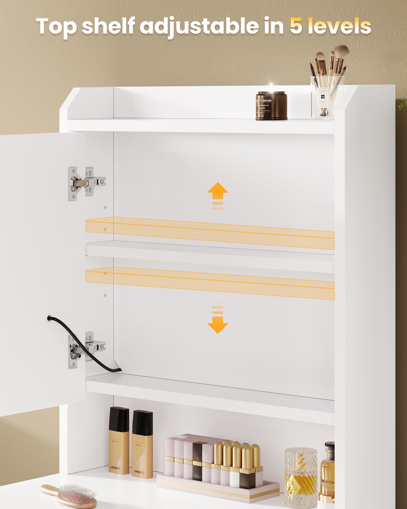 Toeletta Con Luci LED - Tavolo da Trucco Piccolo Con Sgabello, 3 Tonalità, Luminosità Regolabile, 1 Pannello Pieghevole, Specchio, Ripiani Regolabili, Bianco