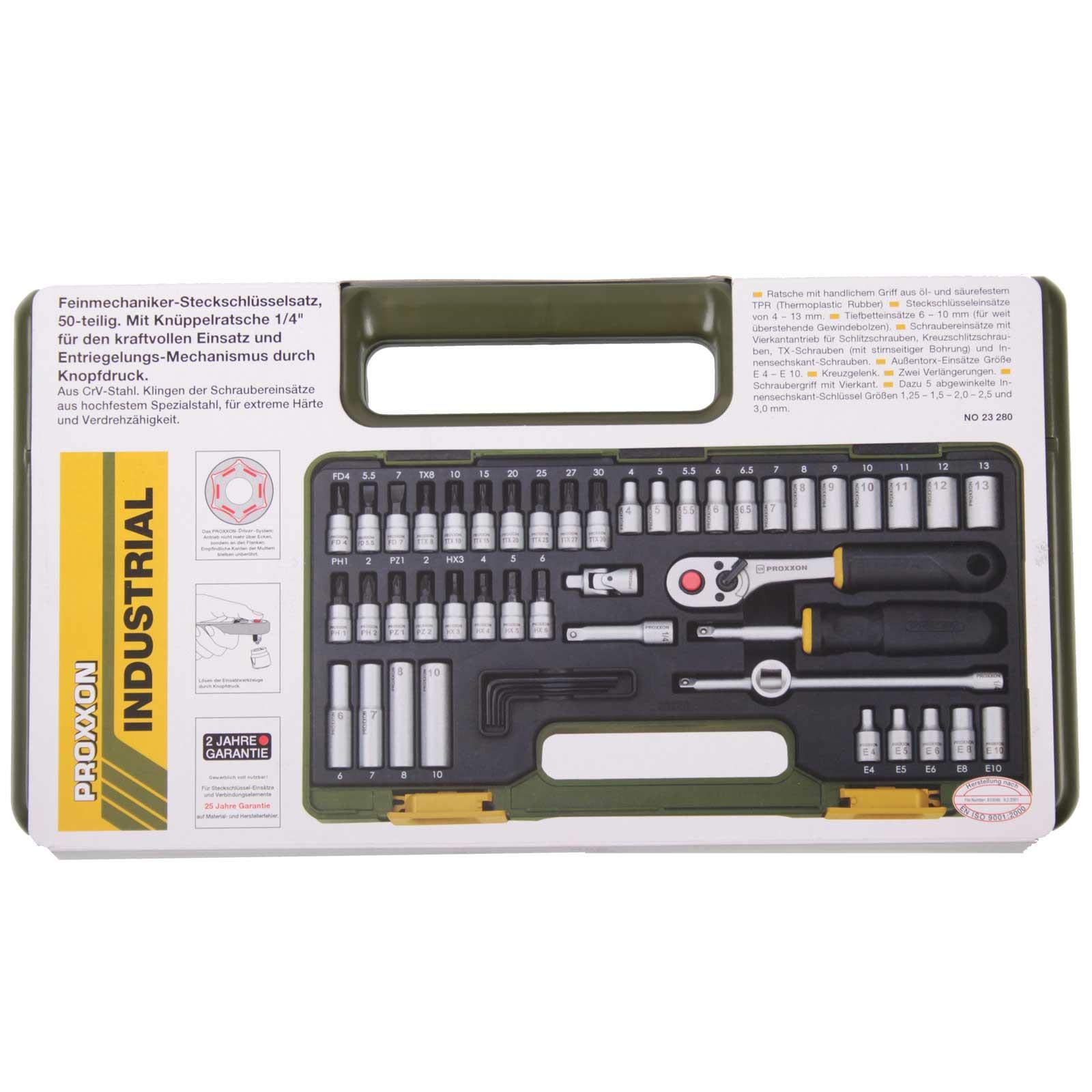 PROXXON 23 280 2223280-Estuche Industrial 1/4" pcs, Multicolor, 10.2 cm, Set de 50 Piezas