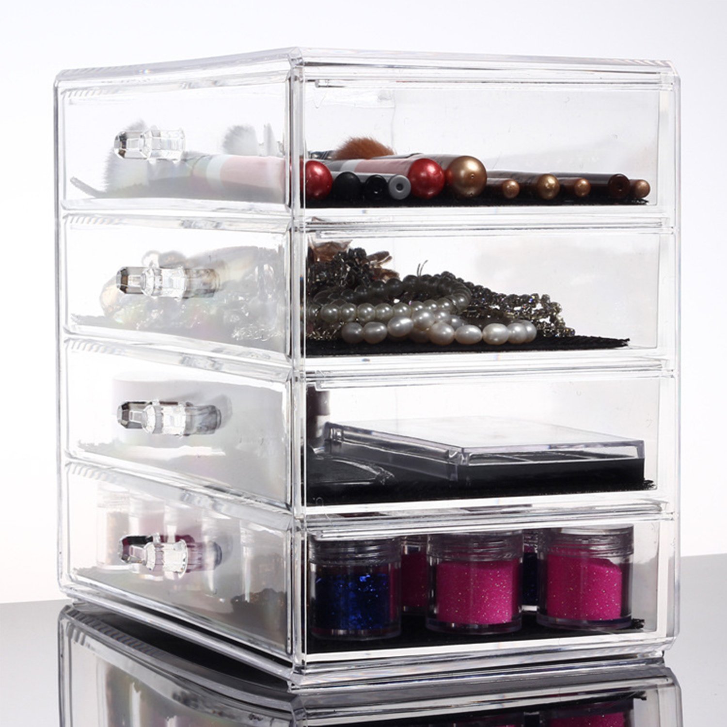 Discoball Acrylique Maquillage Organiseur Cosmétique Boîte Contient brillant à lèvres Rouge à lèvres/vernis à ongles/support de présentation/pinceaux de maquillage et étui de rangement avec 4 tiroirs