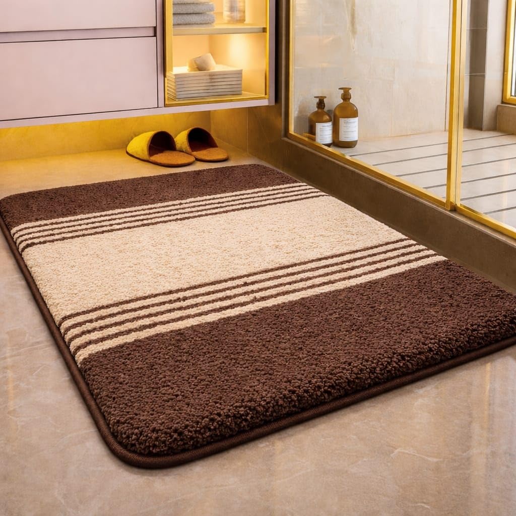 HOWNICE Doormat for Bedroom,Bathroom,Kitchen,Living Room,Room Mats,Home Entrance Foot Mats,Floor mat,Main Door,Non Slip,Door Mate,Soft,Fur,Door Matt,Rugs,Bathmat (Stripe Beige Brown Mat, Medium/)-image-20
