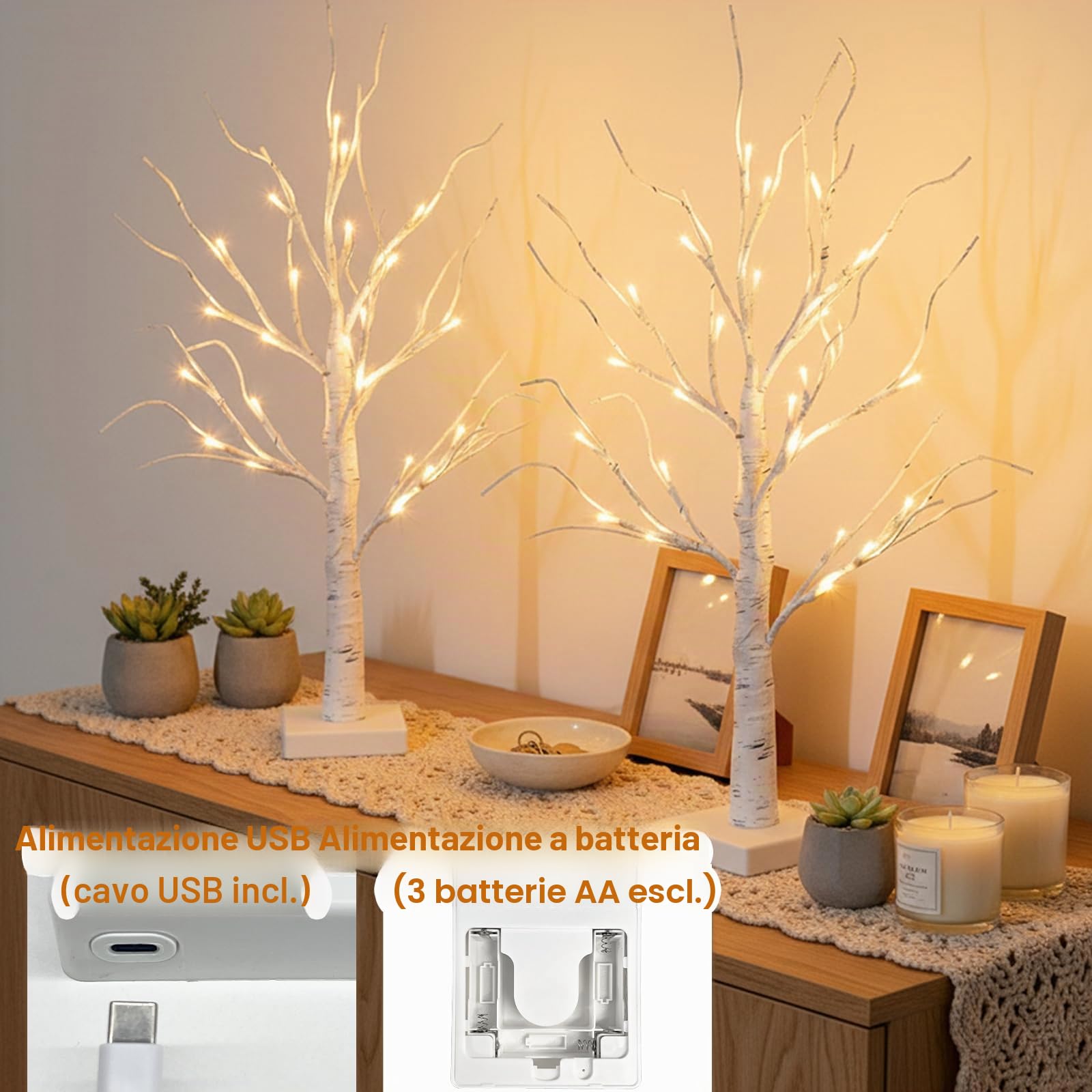 EAMBRITE Set di 2 Albero di luce 24 bianco caldo LED Albero di betulla con funzionamento a batteria, decorazione di Pasqua e Natale per la casa all'interno (60cm/2ft)